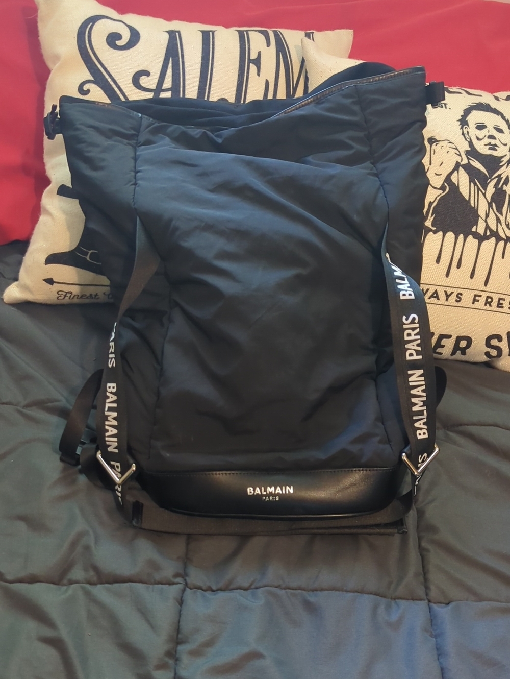 Authentic Balmain Paris Designer Black Men's Nylon Puffer Leather Backpack
